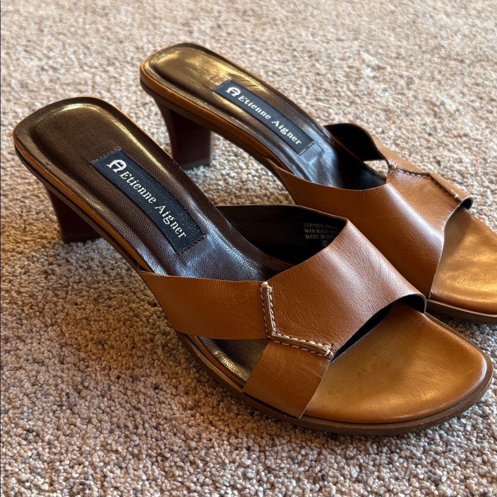 Etienne Aigner Women's Brown Leather Slides - Picture 2 of 5